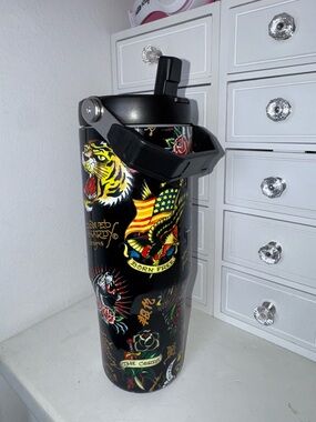NWT Ed Hardy Tattoo-Style Insulated Tumbler with Handle - Black